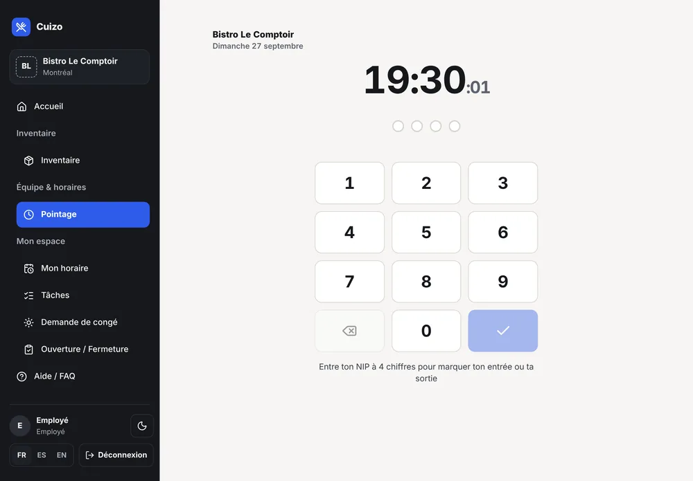 Écran de pointage sur la tablette : l'heure et un clavier pour entrer son NIP.